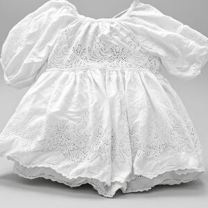Free People white eyelet puff sleeve babydoll mini dress tie Back